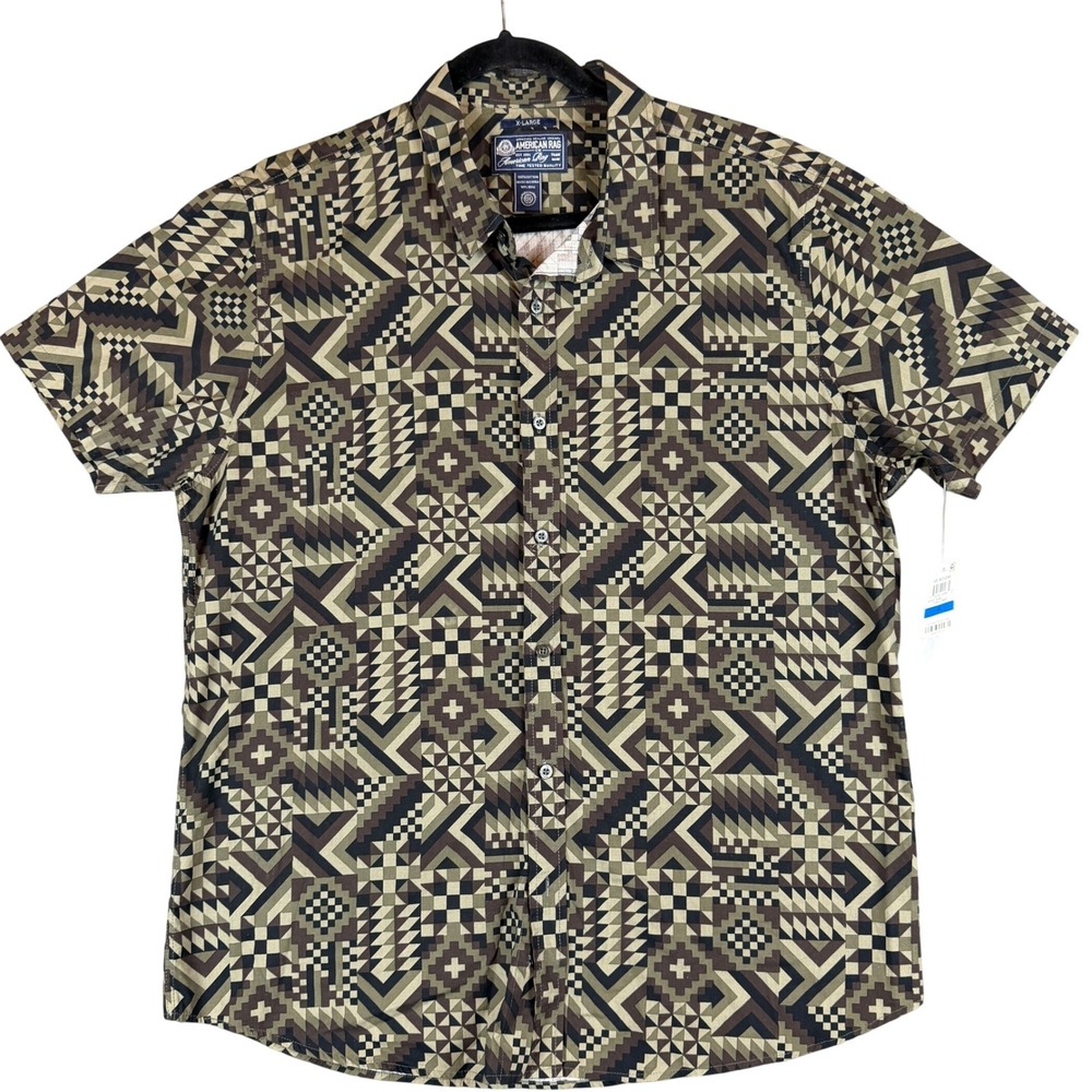 American Rag‎ Mens XL Forest Night Geometric Tribal Print SS Woven Shirt 163461